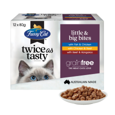 **清貨特價 (最佳食用日期:2024/05/24) ** Fussy Cat [FC152228] Twice as Tasty系列 Little & Big Bites口味 貓濕包80g (1盒12包 - 3種味x4) (紫)