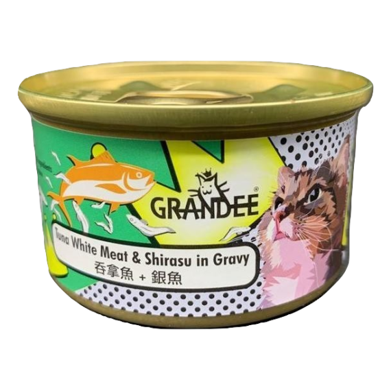 Grandee 無穀物貓罐頭 汁煮吞拿⿂+魩仔⿂(銀魚) 80g (綠)