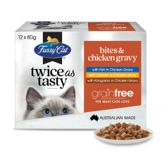 Fussy Cat [FC152229] Twice as Tasty系列 Bites & Chicken Gravy口味 貓濕包80g (1盒12包 - 3種味x4) (深橙)